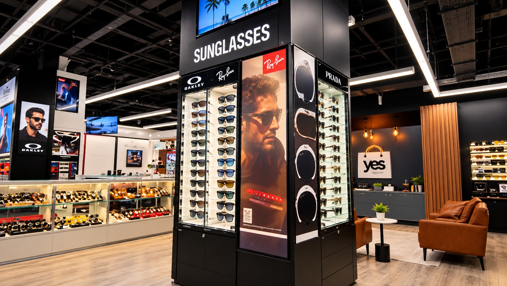 Óculos de marcas internacionais expostos na Yes Mega Store