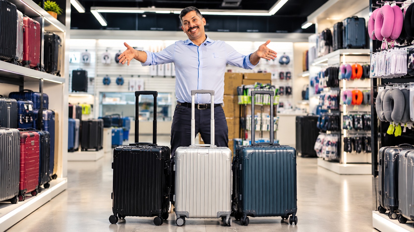 Atendimento na Yes Mega Store com malas de viagem em preto, branco e azul
