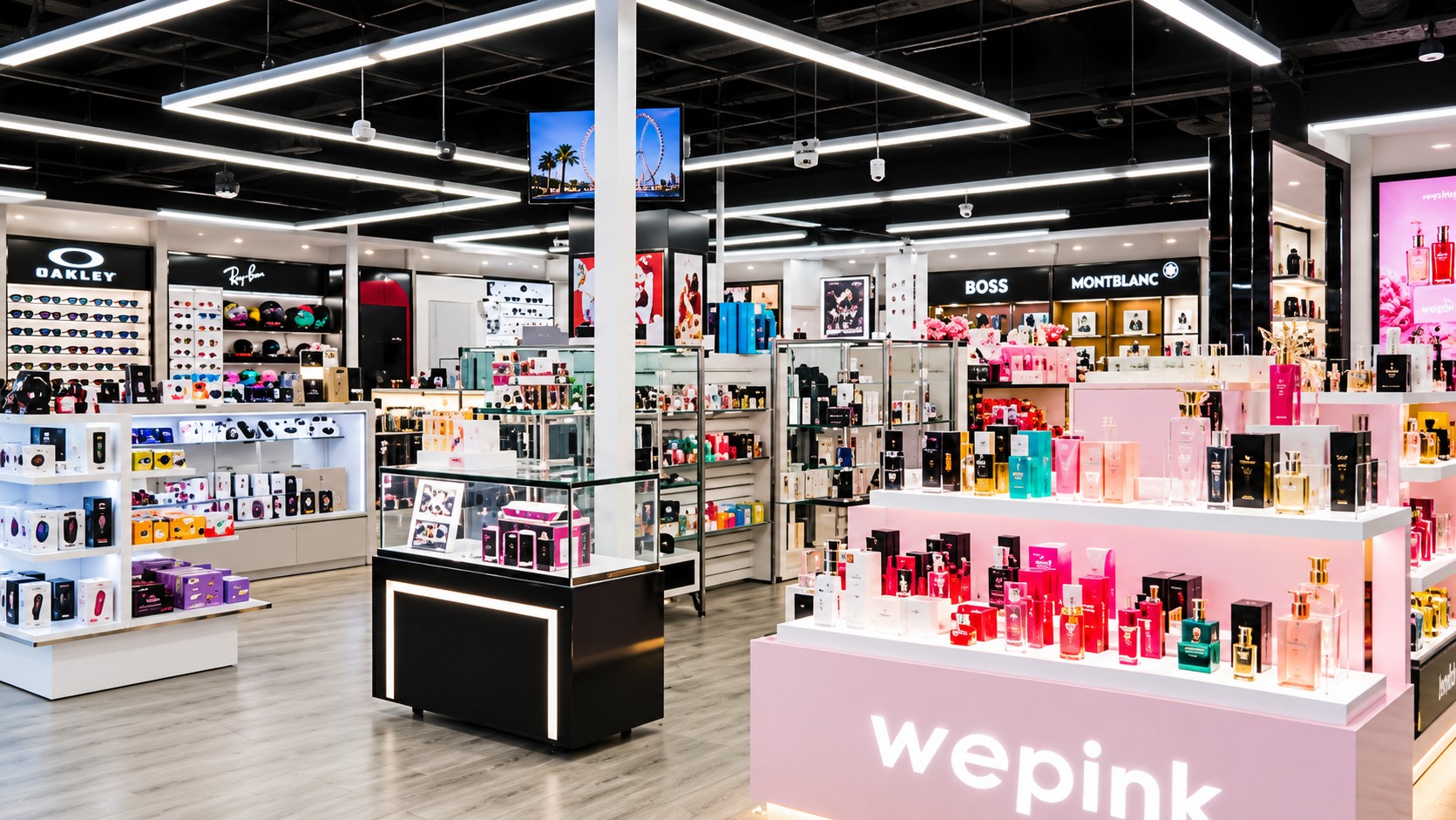 Interior da Yes Mega Store em Orlando, com perfumes e óculos de marcas internacionais
