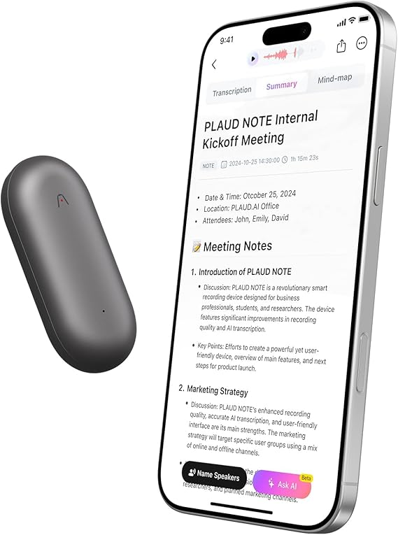 AI Voice Recorder, PLAUD NotePin Voice Recorder, App Control, AI Notetaker, AI Transcribe & Summarize