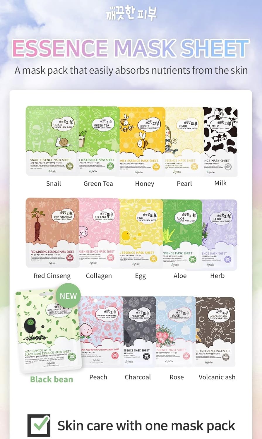 Esfolio Pure Skin Essence Facial Mask Sheet – Variety 18 Pack + Free Pouch