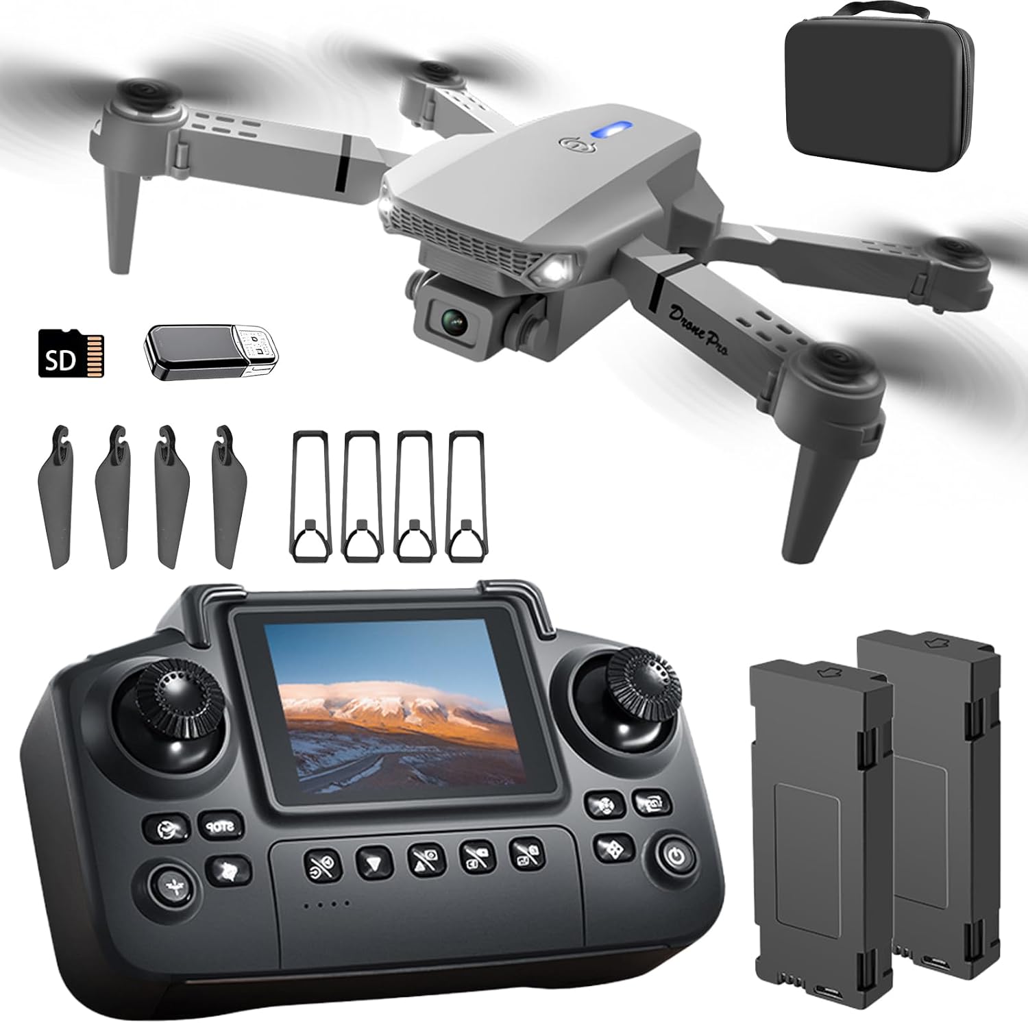 E88 Drone with Screen Controller with SD card, Foldable Mini Drone for Beginners
