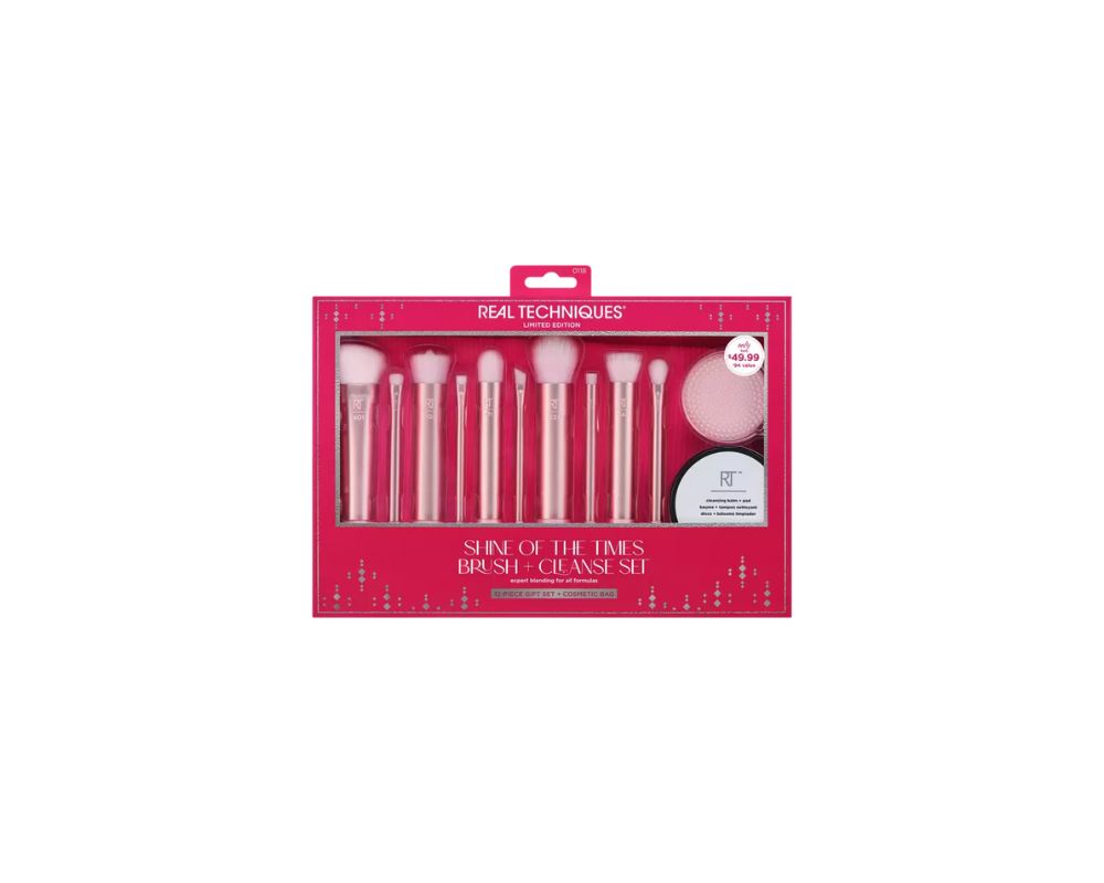 Real Techniques Shine os The Times Brush + Cleanse Set - 12 Pieces + Cosmetic Bags - YesMegastore